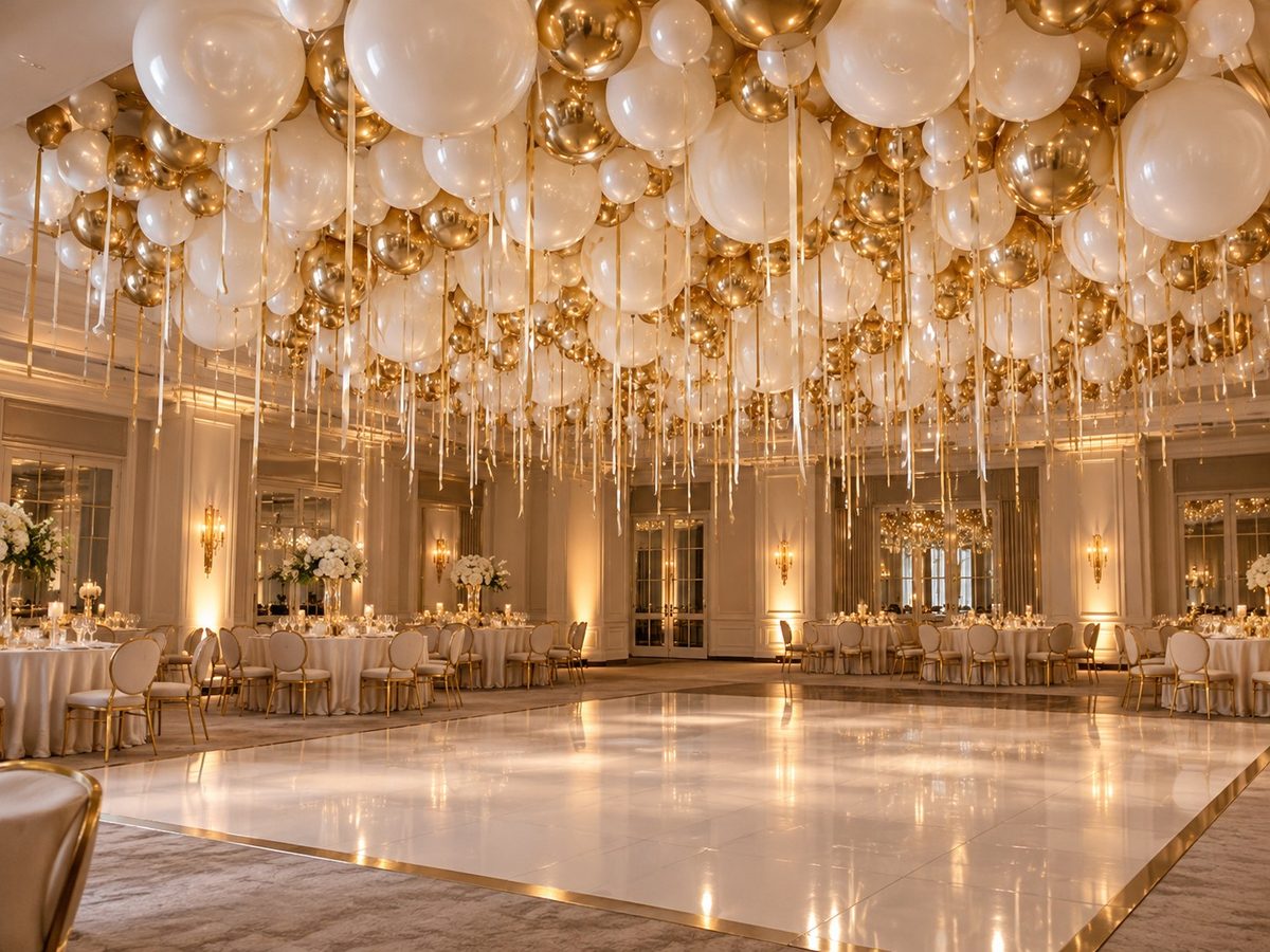 Plafond de ballons au-dessus d’une salle de réception