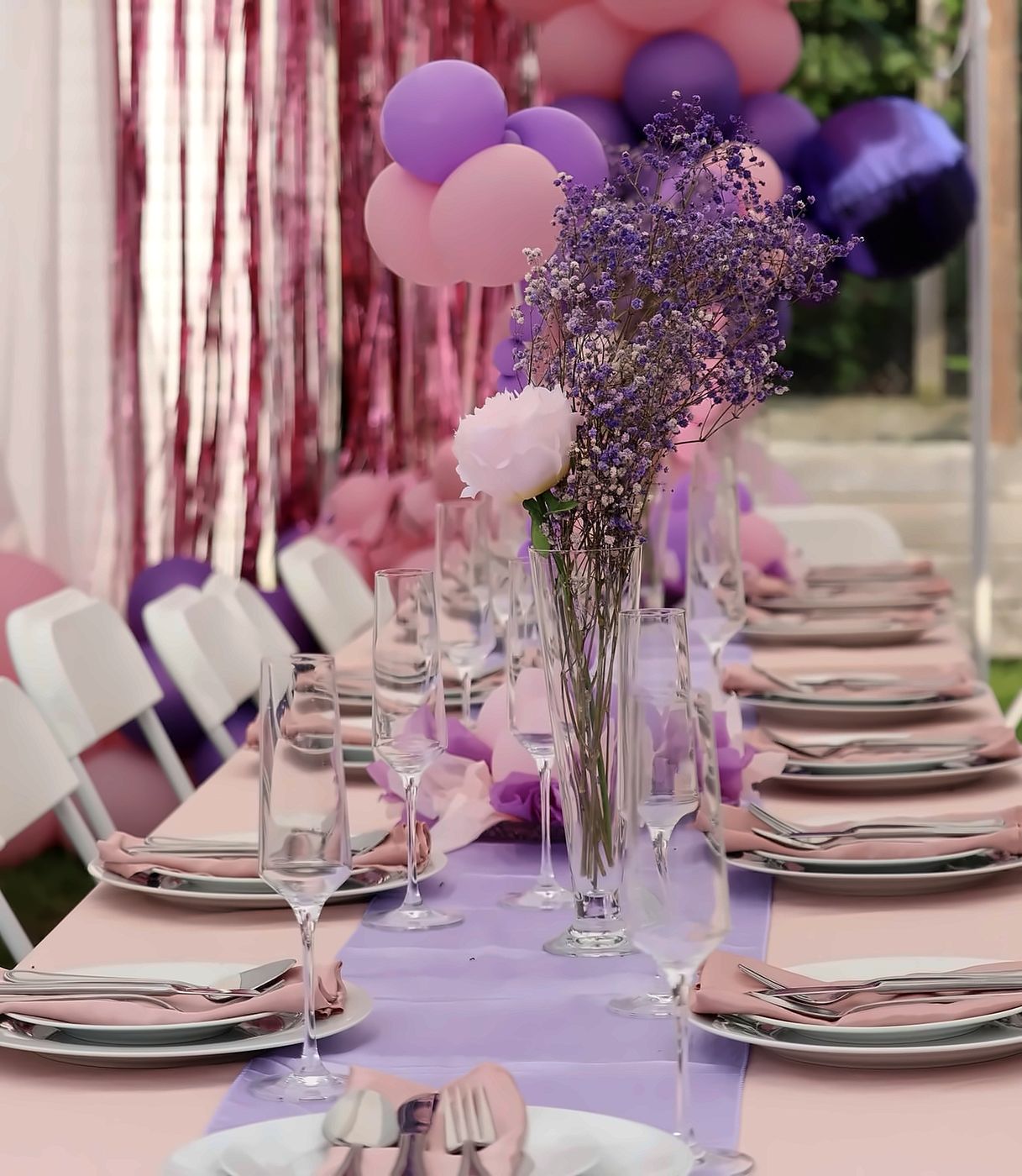 Longue table rose et lavande avec gypsophile